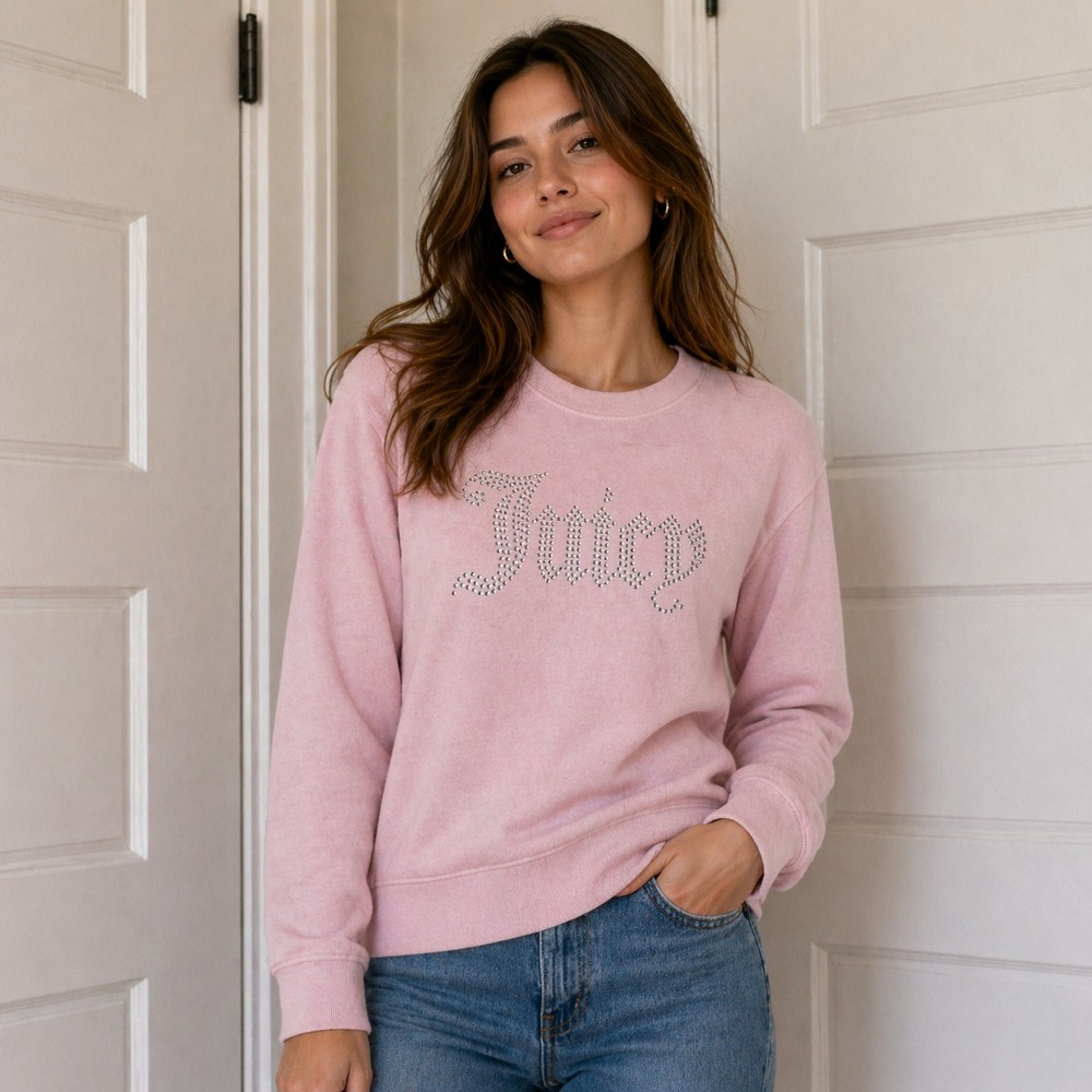 Juicy Couture Size M Classic Bling Velour Crew Neck Sweatshirt – Light Pink